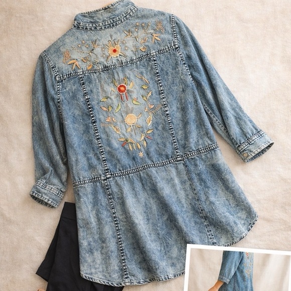 Boho Embroidered Denim Shirt | Acid Wash | Longline Tunic Y2K - Picture 8 of 8
